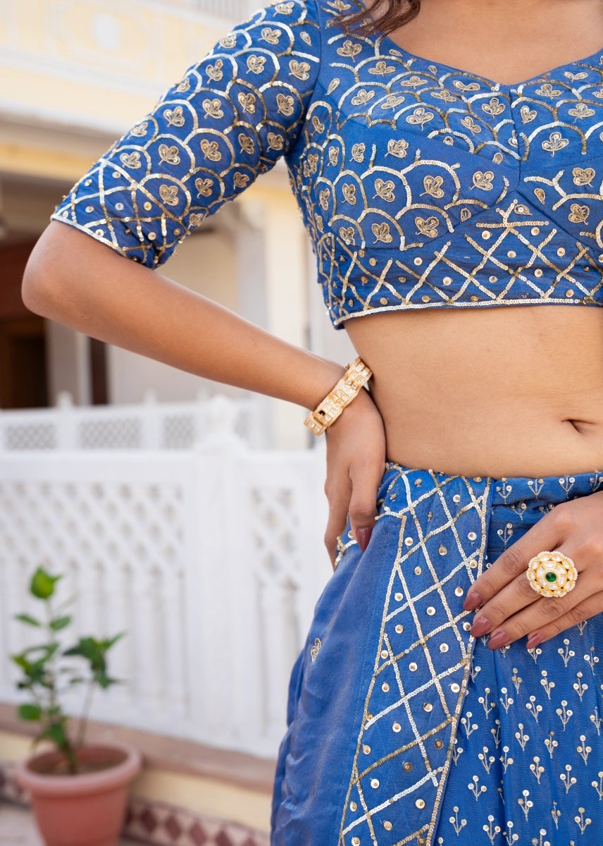 MEHFIL NEEL NOOR TAARI KARIGARI COSMOS LEHENGA SET WITH COSMO HAND WORK DUPATTA - Pomcha Jaipur