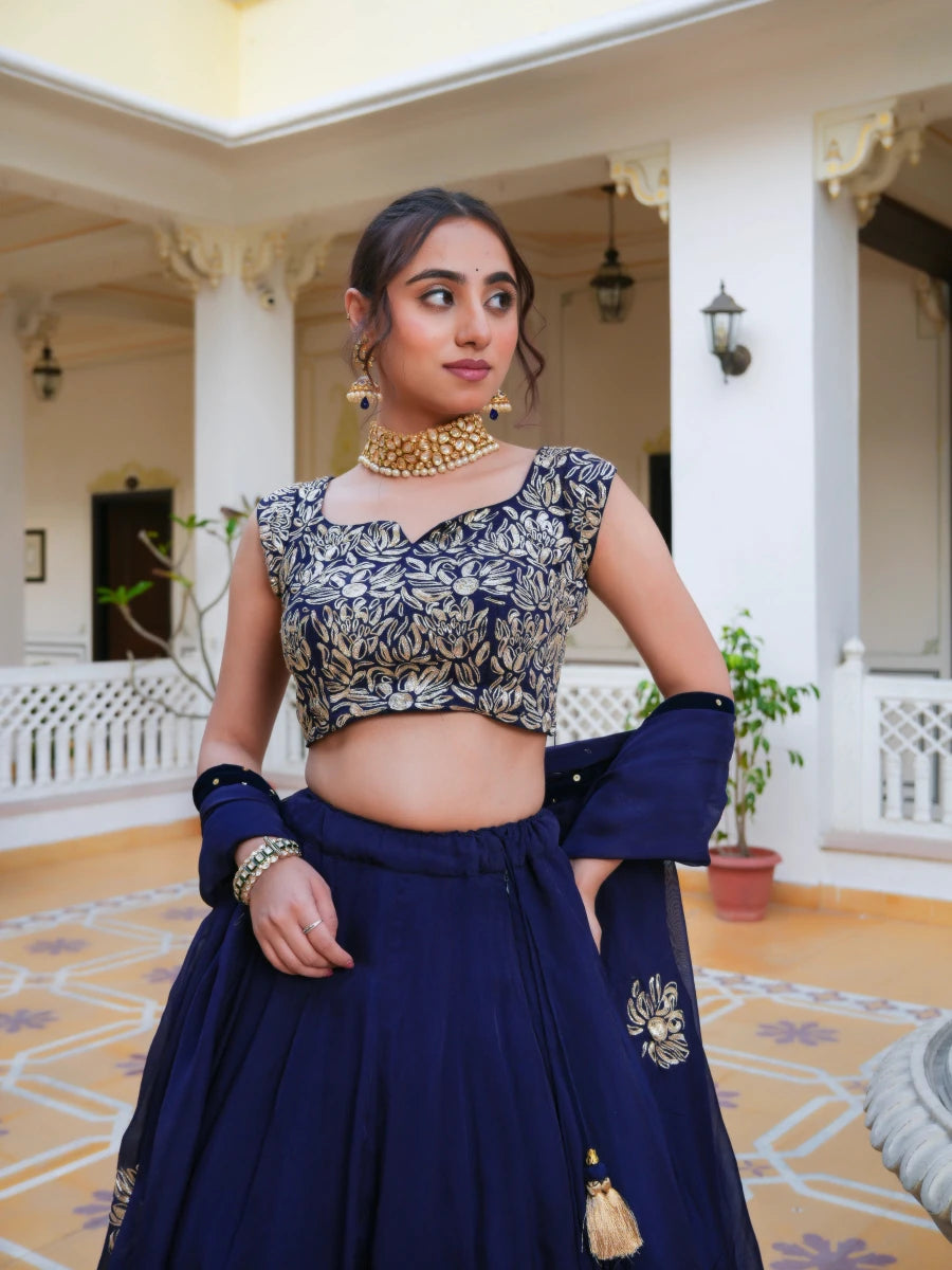 MEHFIL NEELA RUH PITTA HAND WORK ORGANZA LEHENGA SET WITH ORGANZA DUPATTA - Pomcha Jaipur