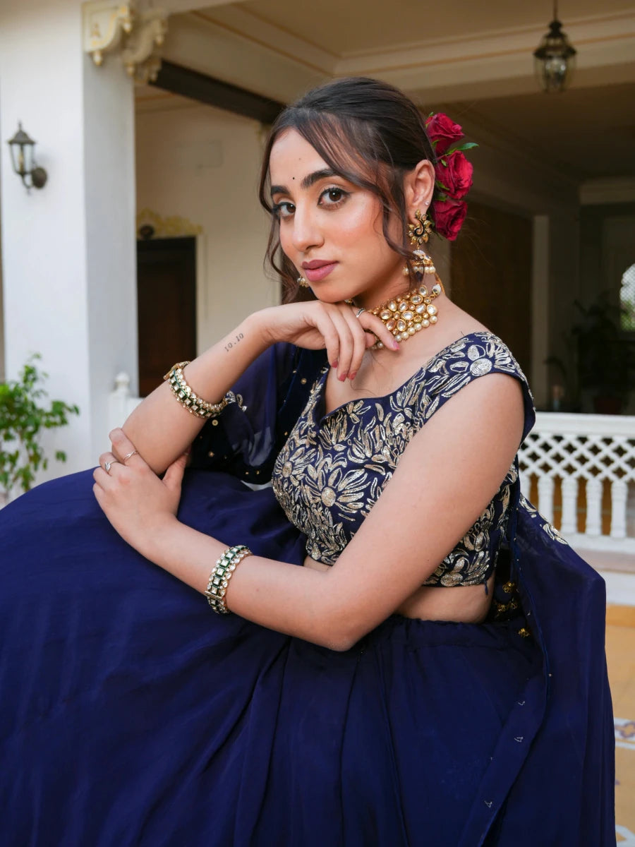 MEHFIL NEELA RUH PITTA HAND WORK ORGANZA LEHENGA SET WITH ORGANZA DUPATTA - Pomcha Jaipur