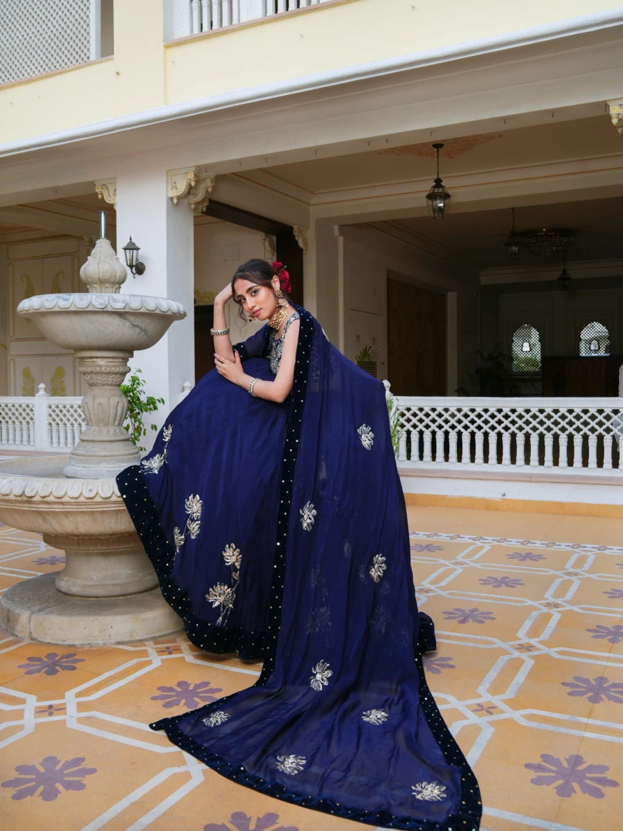 MEHFIL NEELA RUH PITTA HAND WORK ORGANZA LEHENGA SET WITH ORGANZA DUPATTA - Pomcha Jaipur