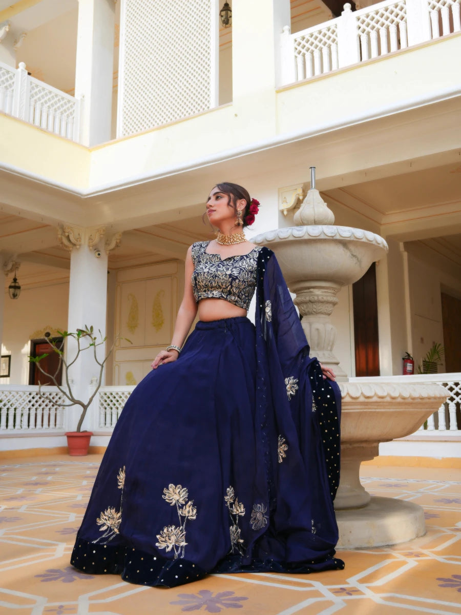 MEHFIL NEELA RUH PITTA HAND WORK ORGANZA LEHENGA SET WITH ORGANZA DUPATTA - Pomcha Jaipur