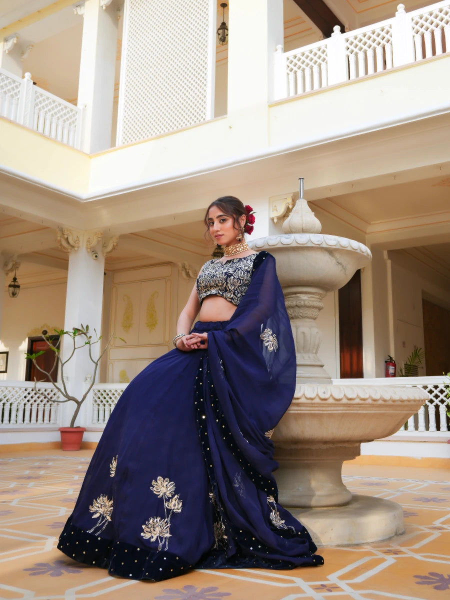 MEHFIL NEELA RUH PITTA HAND WORK ORGANZA LEHENGA SET WITH ORGANZA DUPATTA - Pomcha Jaipur