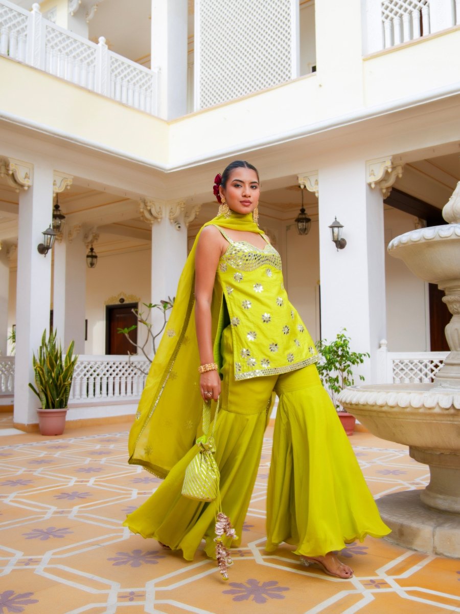 MEHFIL NOOR E TOTA MIRROR WORK SHARARA SET WITH ORGANZA DUPATTA - Pomcha Jaipur