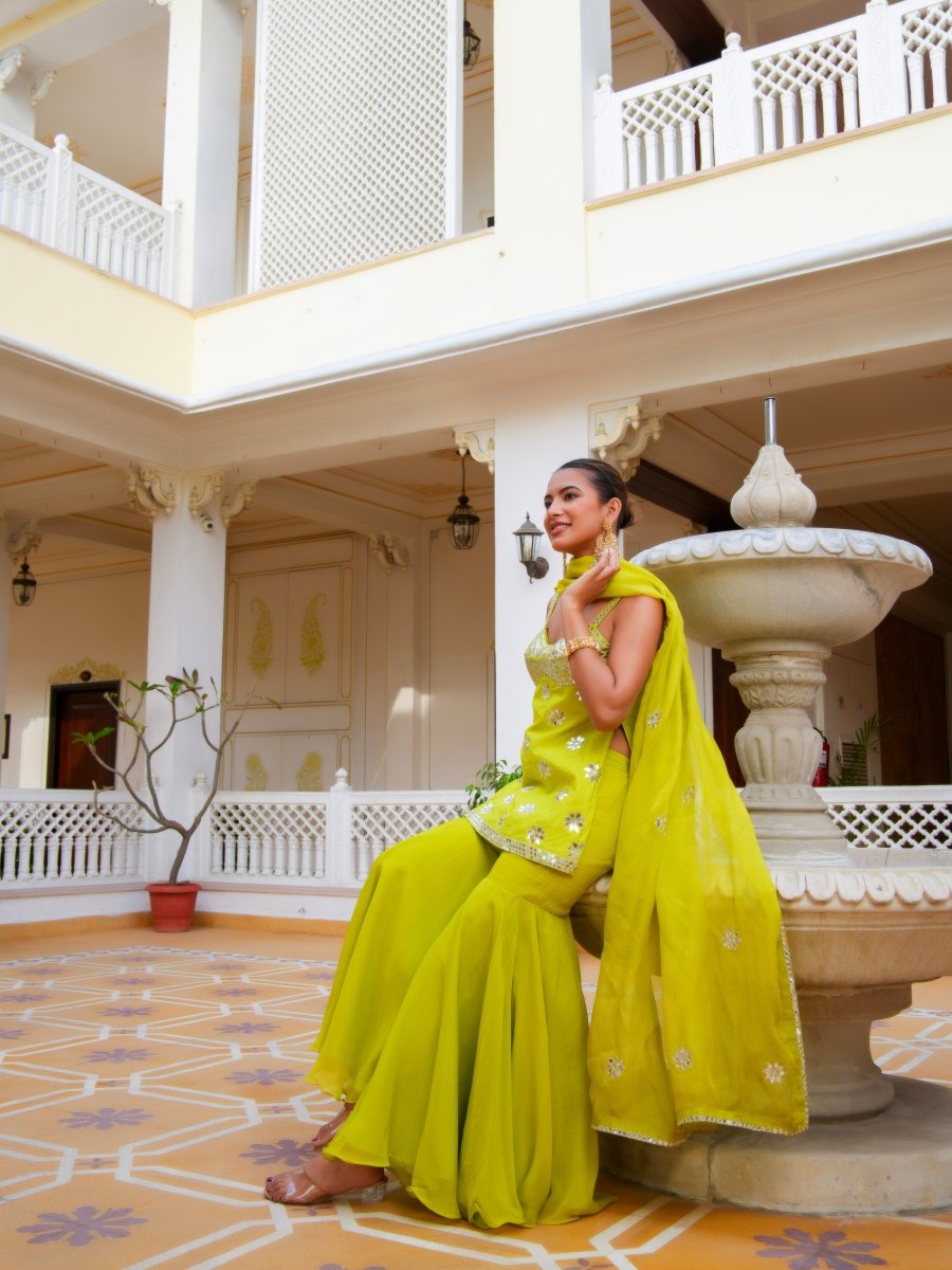 MEHFIL NOOR E TOTA MIRROR WORK SHARARA SET WITH ORGANZA DUPATTA - Pomcha Jaipur