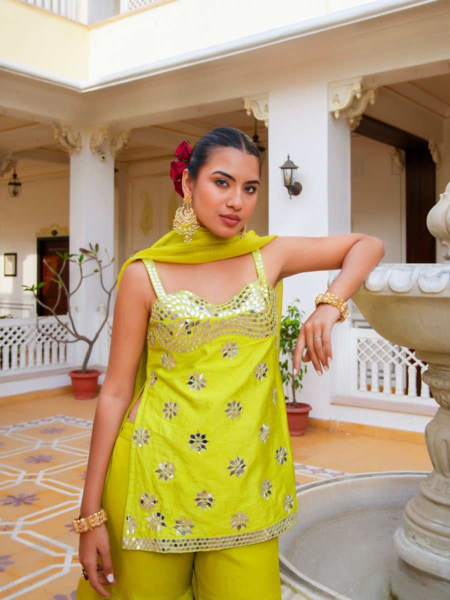 MEHFIL NOOR E TOTA MIRROR WORK SHARARA SET WITH ORGANZA DUPATTA - Pomcha Jaipur