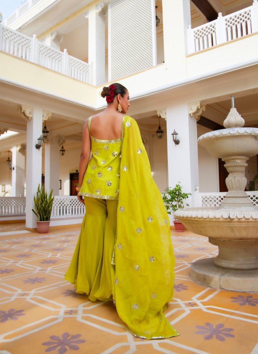 MEHFIL NOOR E TOTA MIRROR WORK SHARARA SET WITH ORGANZA DUPATTA - Pomcha Jaipur