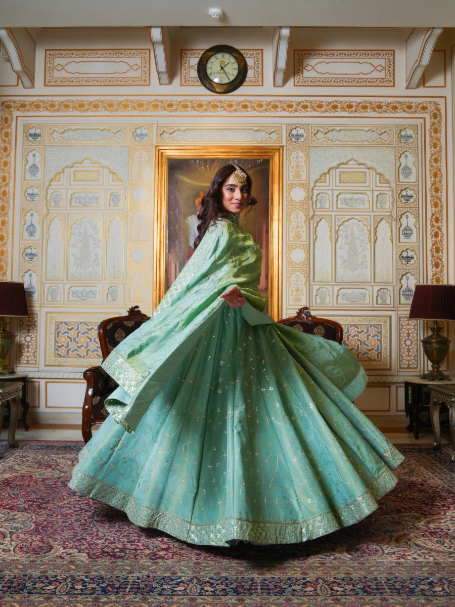 MEHFIL PISTA NOOR COSMO SILK GOTA PATTI HAND EMBROIDERY LEHENGA SET WITH COSMO SILK DUPATTA - Pomcha Jaipur