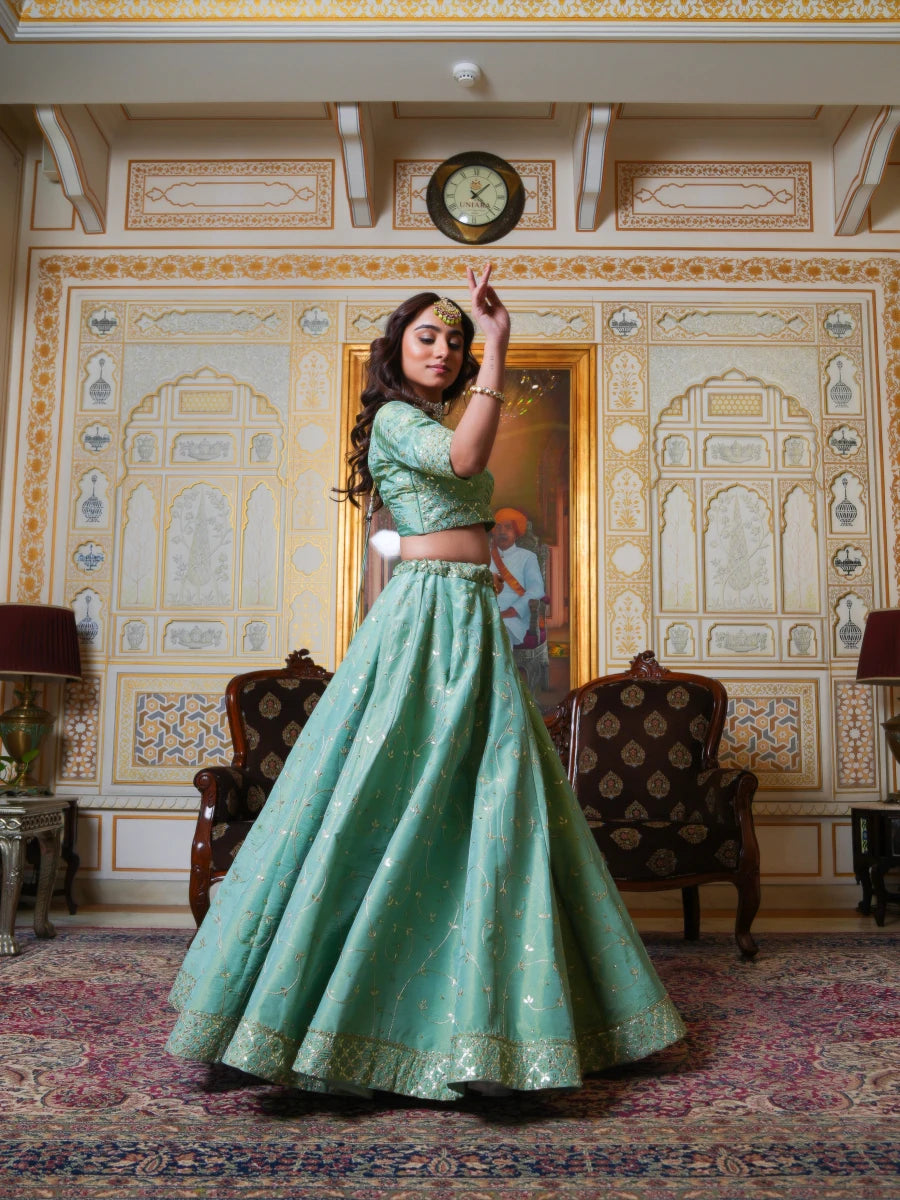 MEHFIL PISTA NOOR COSMO SILK GOTA PATTI HAND EMBROIDERY LEHENGA SET WITH COSMO SILK DUPATTA - Pomcha Jaipur