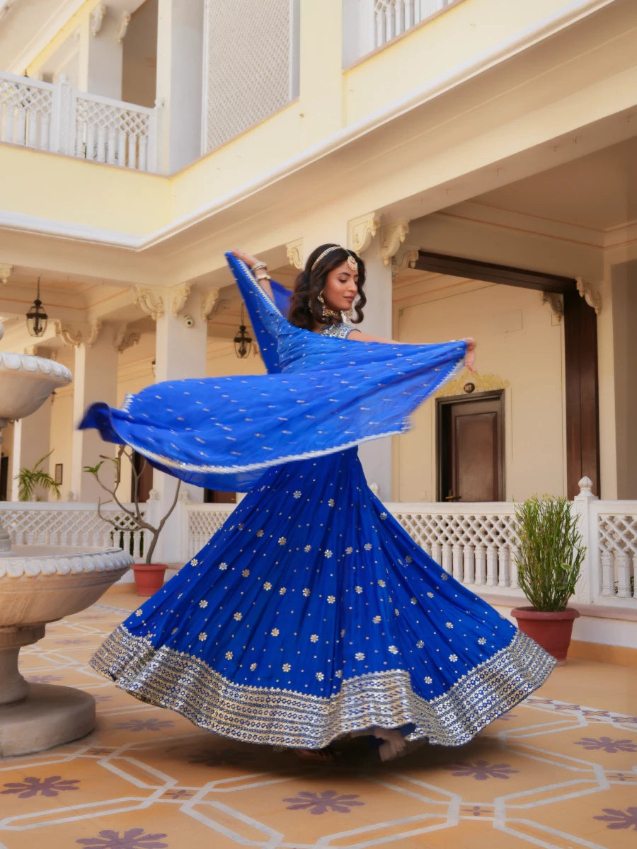 MEHFIL RUHANI NEEL ZARI GOTA PATTI HAND WORK SILK LEHENGA SET WITH DUPATTA - Pomcha Jaipur