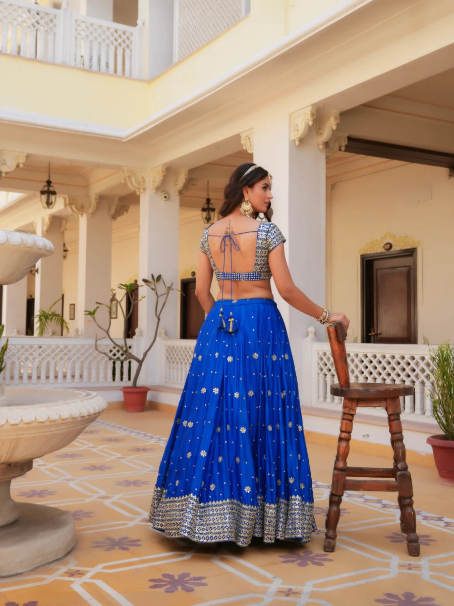 MEHFIL RUHANI NEEL ZARI GOTA PATTI HAND WORK SILK LEHENGA SET WITH DUPATTA - Pomcha Jaipur