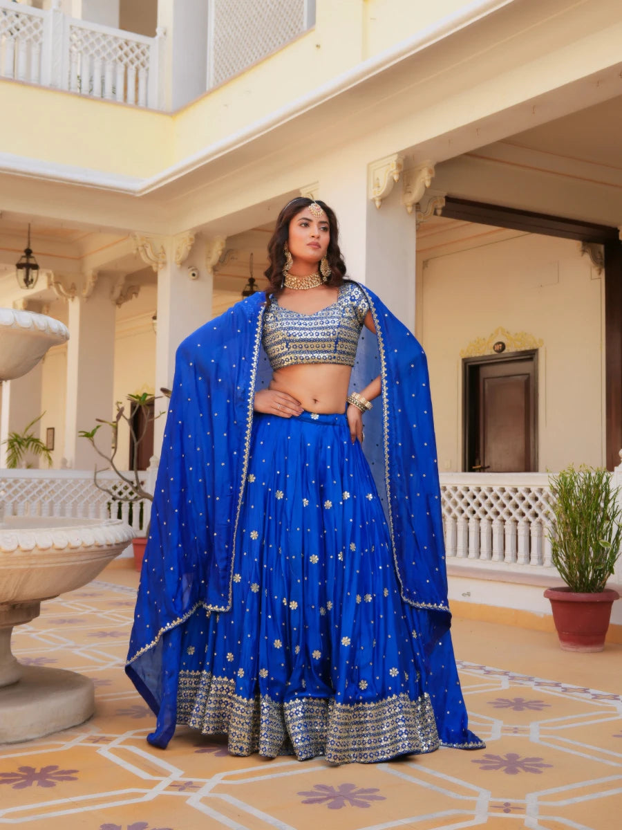 MEHFIL RUHANI NEEL ZARI GOTA PATTI HAND WORK SILK LEHENGA SET WITH DUPATTA - Pomcha Jaipur