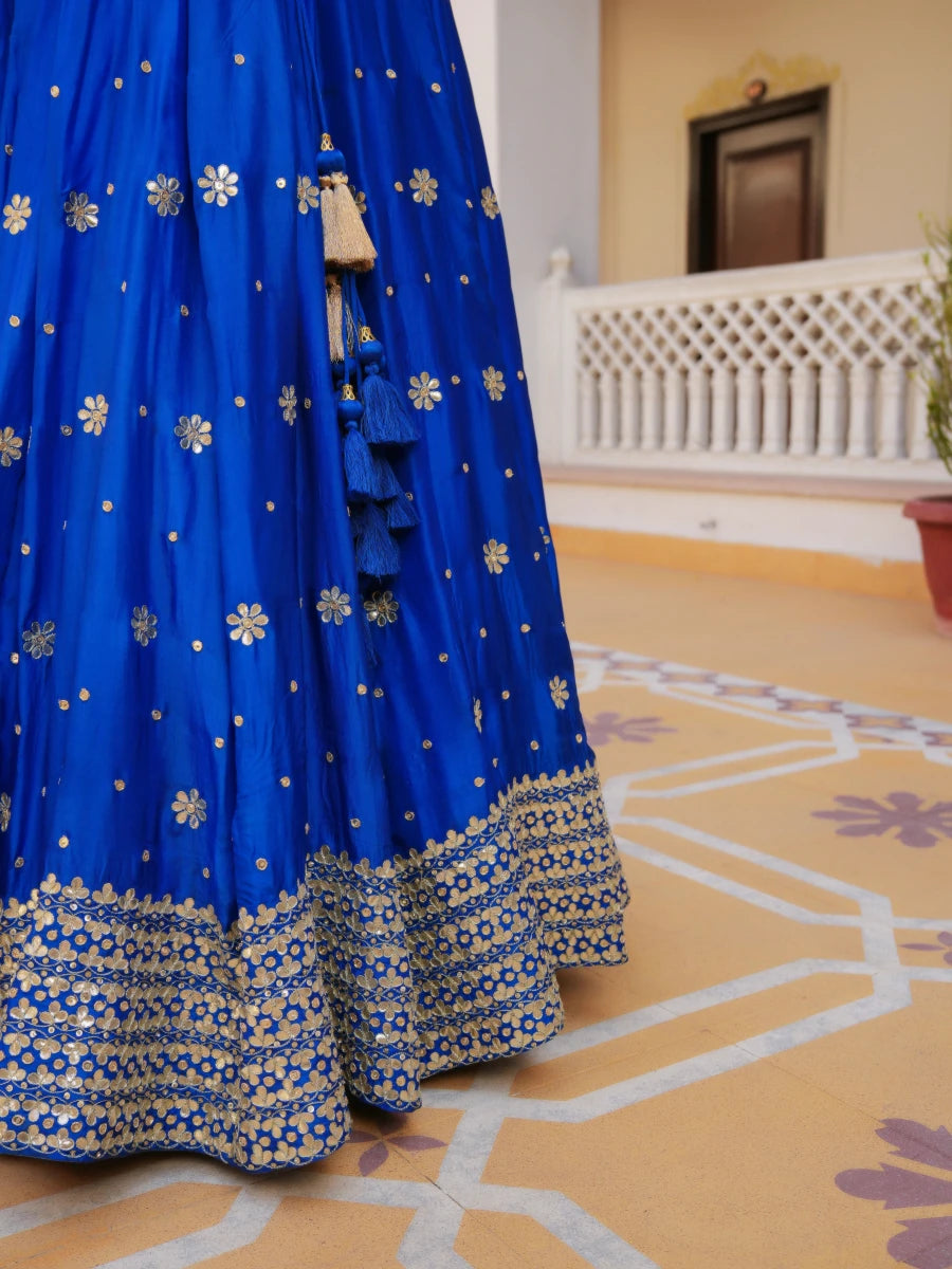 MEHFIL RUHANI NEEL ZARI GOTA PATTI HAND WORK SILK LEHENGA SET WITH DUPATTA - Pomcha Jaipur