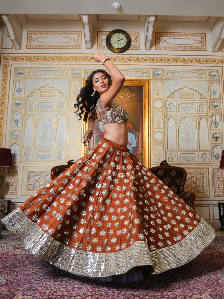 MEHFIL SUNEHRI SHISHA HAND WORK LEHENGA SET WITH ORGANZA DUPATTA - Pomcha Jaipur