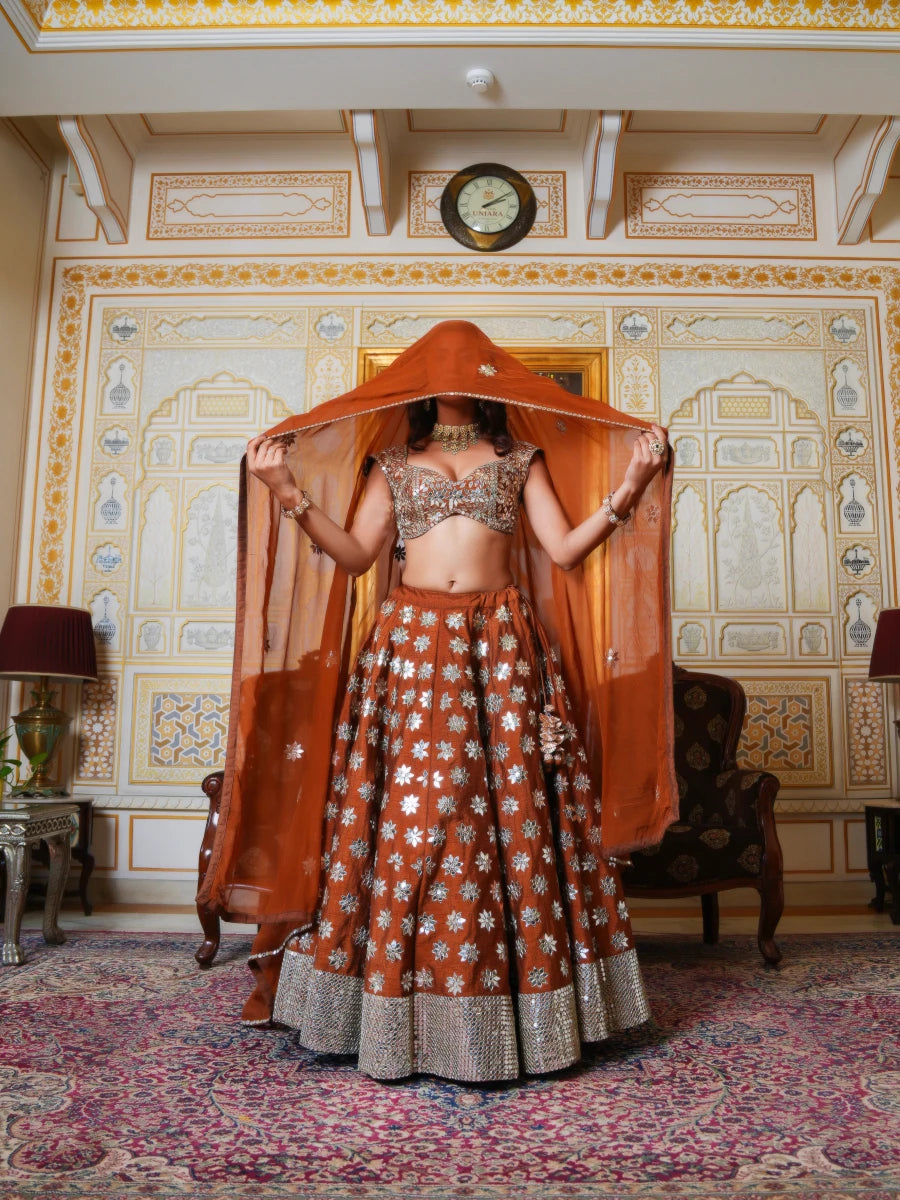 MEHFIL SUNEHRI SHISHA HAND WORK LEHENGA SET WITH ORGANZA DUPATTA - Pomcha Jaipur