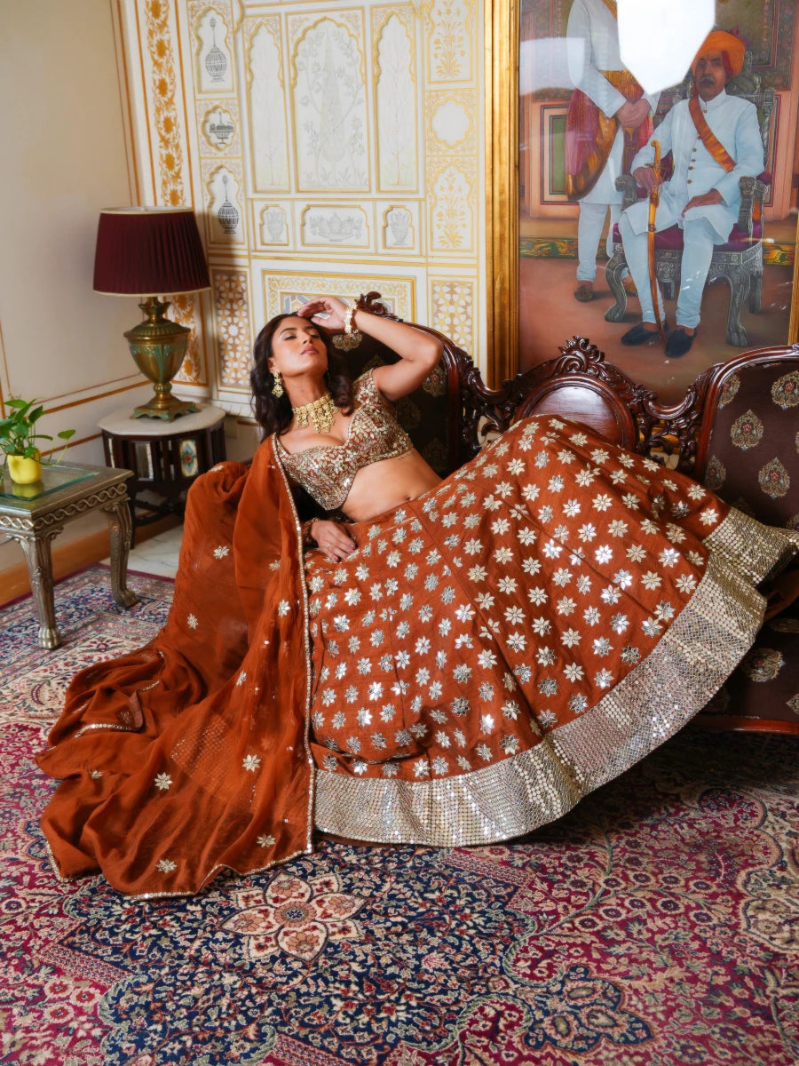 MEHFIL SUNEHRI SHISHA HAND WORK LEHENGA SET WITH ORGANZA DUPATTA - Pomcha Jaipur