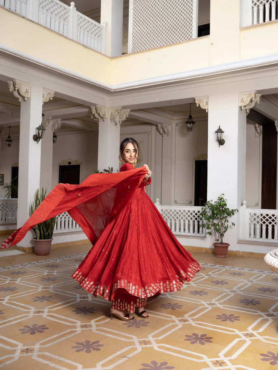 MEHFIL SURKH E LAAL SILK GOTA PATTI HAND WORK ANARKALI SUIT SET WITH SILK DUPATTA - Pomcha Jaipur