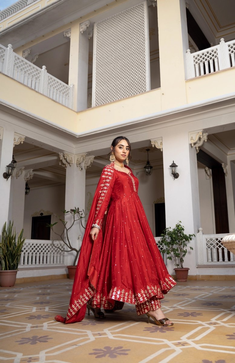 MEHFIL SURKH E LAAL SILK GOTA PATTI HAND WORK ANARKALI SUIT SET WITH SILK DUPATTA - Pomcha Jaipur
