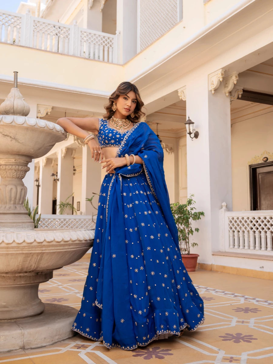 MEHFIL SURMAI NEEL ZARI DABKA HAND WORK ORGANZA LEHENGA SET WITH DUPATTA - Pomcha Jaipur