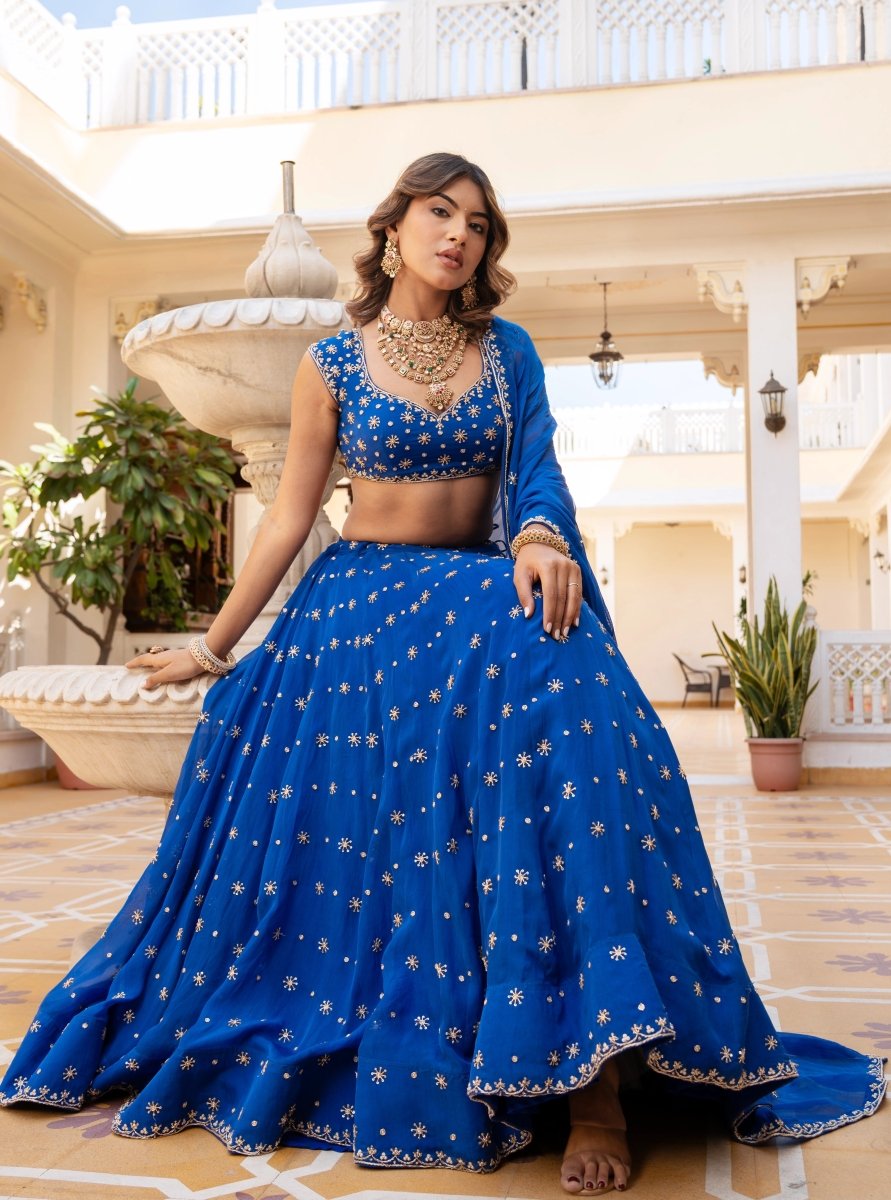 MEHFIL SURMAI NEEL ZARI DABKA HAND WORK ORGANZA LEHENGA SET WITH DUPATTA - Pomcha Jaipur