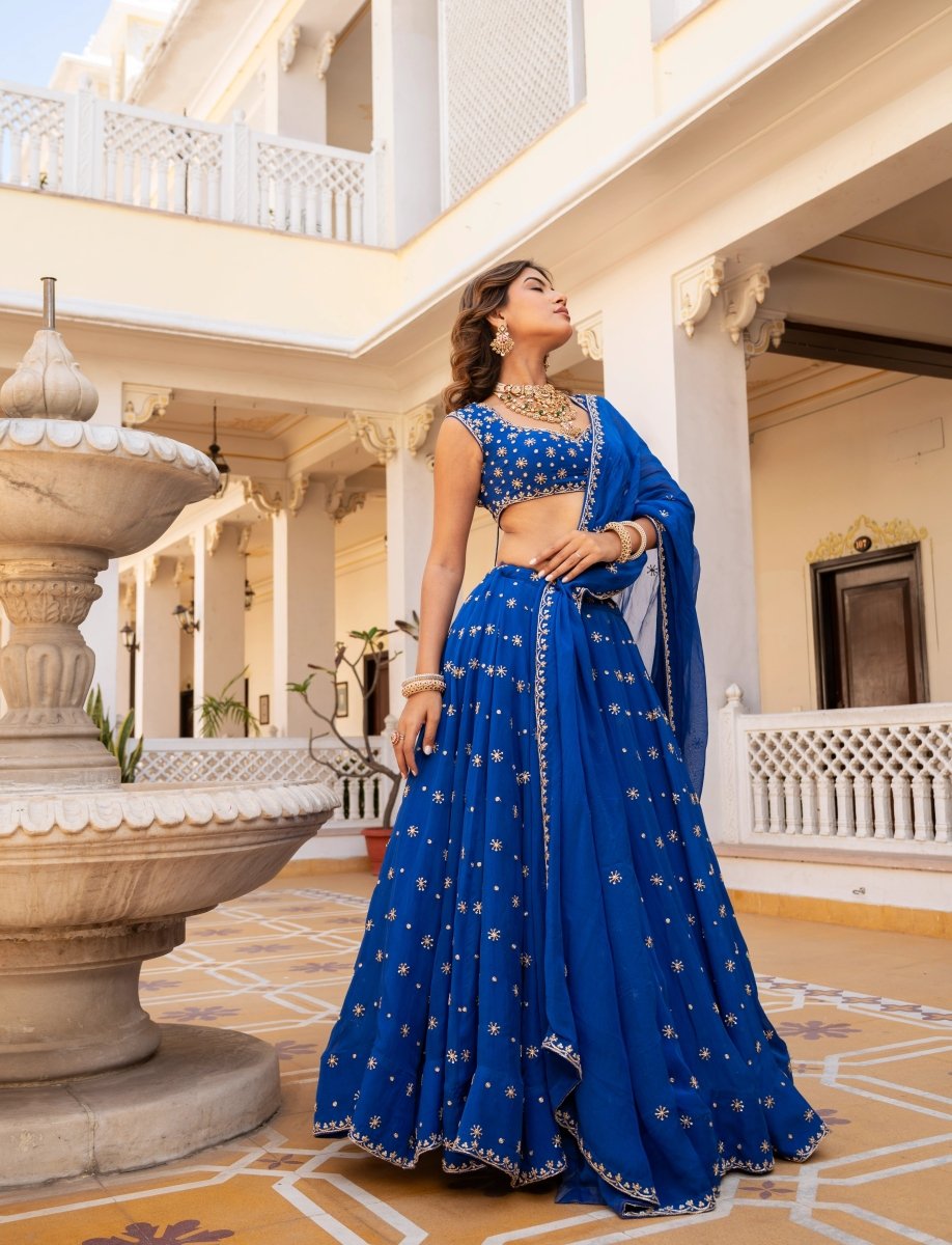 MEHFIL SURMAI NEEL ZARI DABKA HAND WORK ORGANZA LEHENGA SET WITH DUPATTA - Pomcha Jaipur