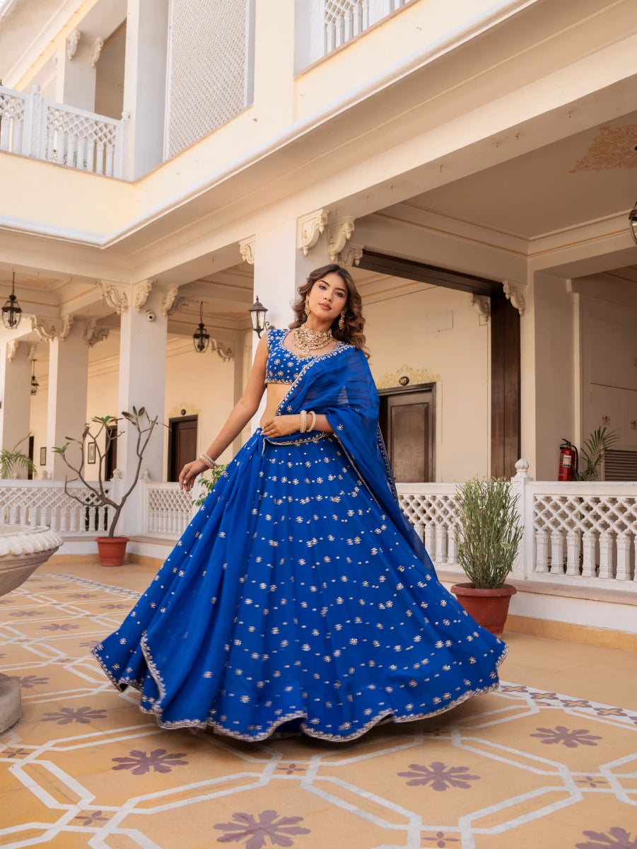 MEHFIL SURMAI NEEL ZARI DABKA HAND WORK ORGANZA LEHENGA SET WITH DUPATTA - Pomcha Jaipur