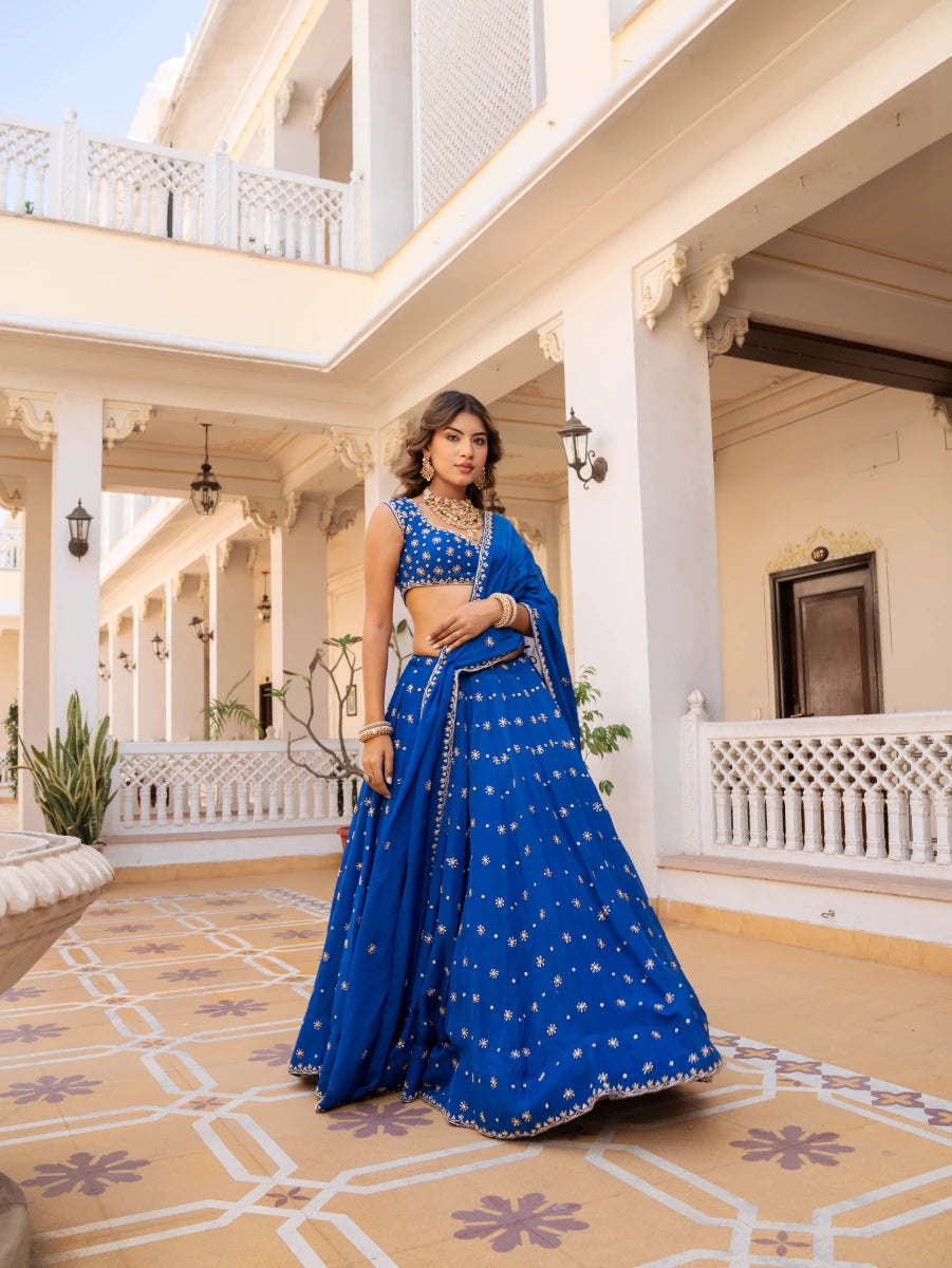 MEHFIL SURMAI NEEL ZARI DABKA HAND WORK ORGANZA LEHENGA SET WITH DUPATTA - Pomcha Jaipur