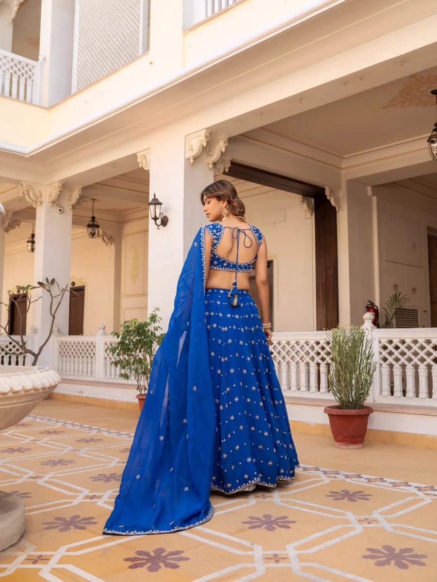 MEHFIL SURMAI NEEL ZARI DABKA HAND WORK ORGANZA LEHENGA SET WITH DUPATTA - Pomcha Jaipur