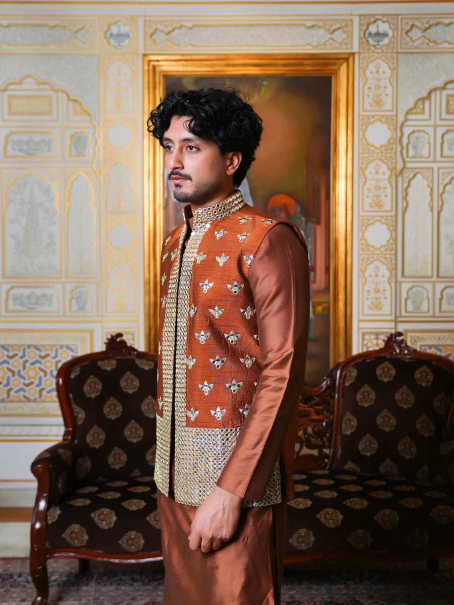 MEN'S LUXE COPPER MIRROR HAND WORK KURTA SET WITH NEHRU JACKET - Pomcha Jaipur