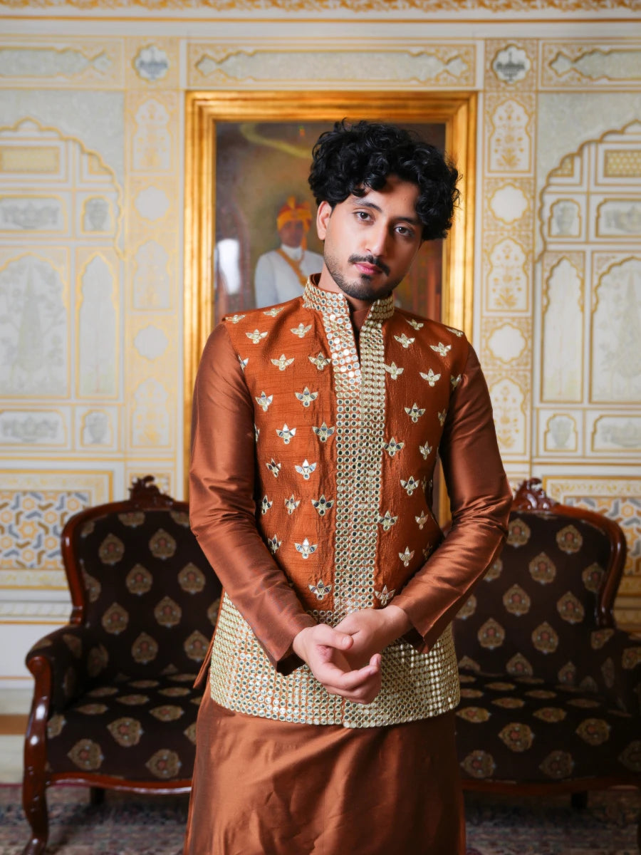 MEN'S LUXE COPPER MIRROR HAND WORK KURTA SET WITH NEHRU JACKET - Pomcha Jaipur