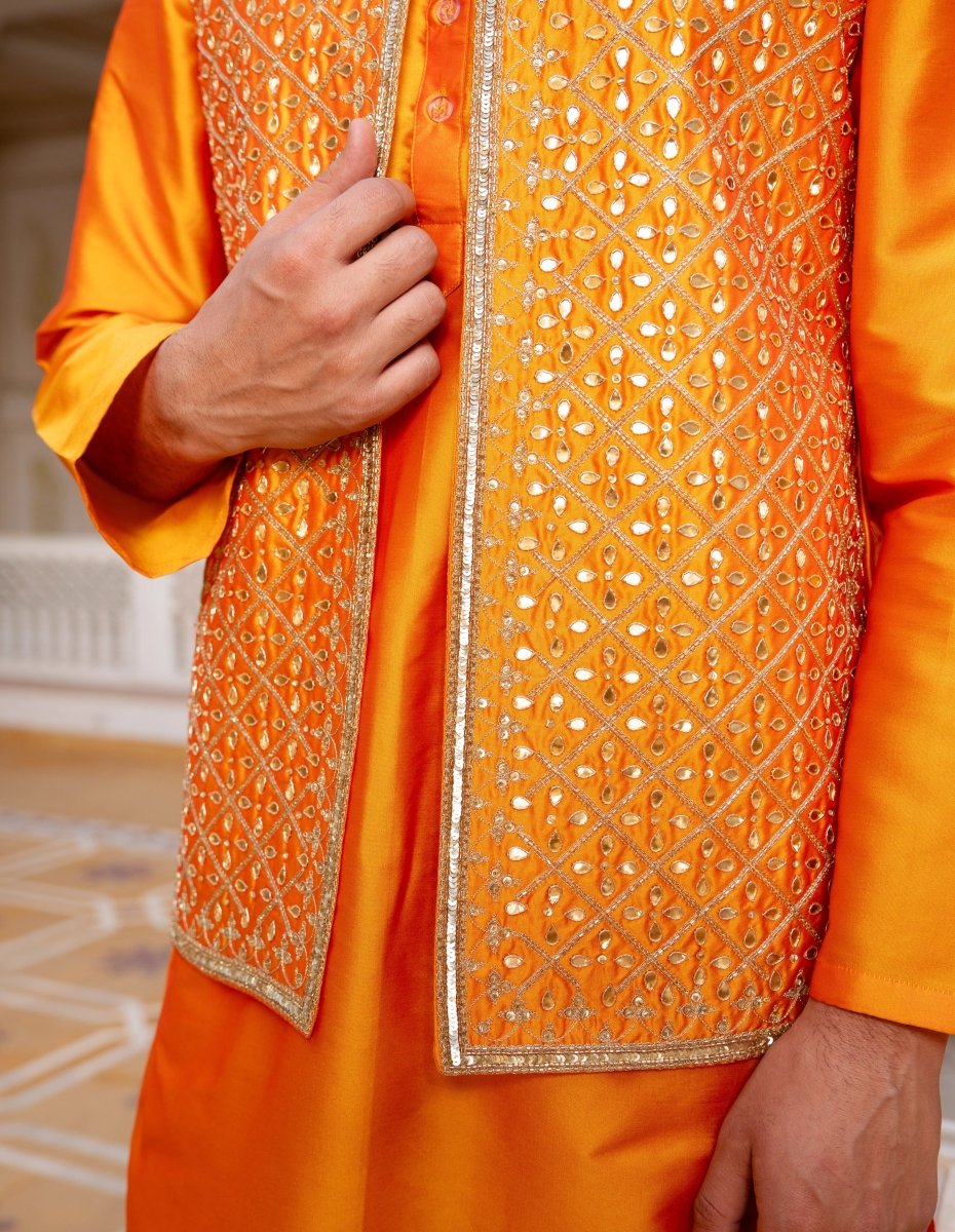 MEN'S LUXE NARANGI SHEESH HAND WORK JACKET WITH KURTA SET - Pomcha Jaipur