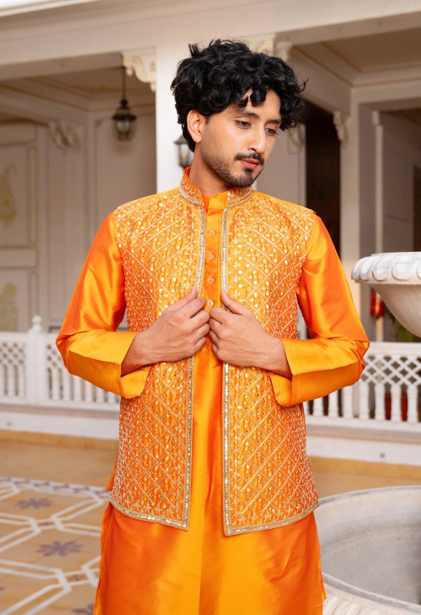 MEN'S LUXE NARANGI SHEESH HAND WORK JACKET WITH KURTA SET - Pomcha Jaipur