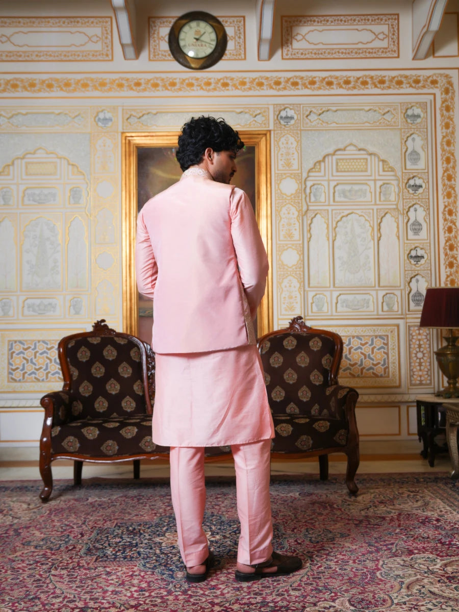MEN'S LUXE PEACH SILK KURTA SET WITH ZARDOZI HAND WORK NEHRU JACKET - Pomcha Jaipur