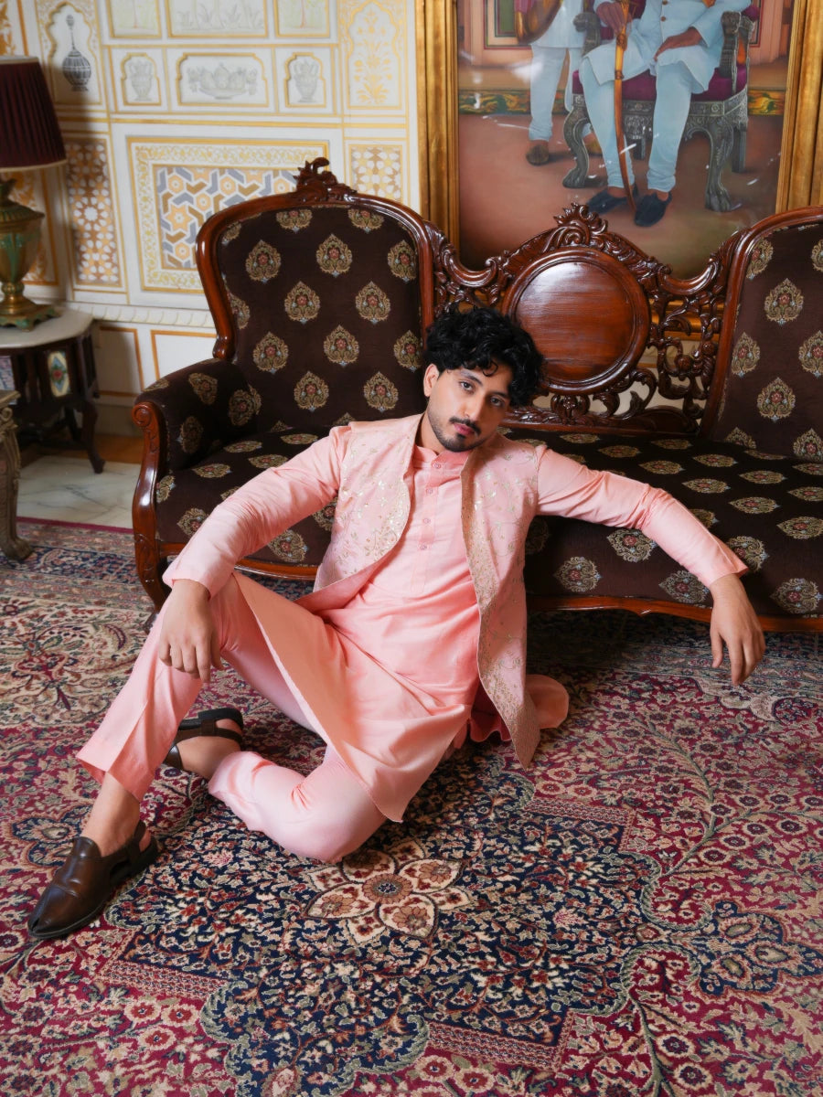 MEN'S LUXE PEACH SILK KURTA SET WITH ZARDOZI HAND WORK NEHRU JACKET - Pomcha Jaipur