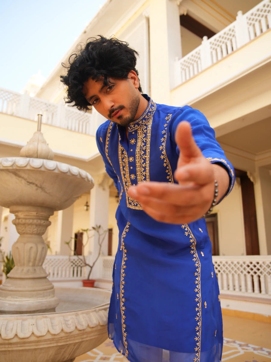 MEN'S LUXE SHAHI NEEL ZARDOZI HAND EMBROIDERY MEN'S KURTA SET - Pomcha Jaipur
