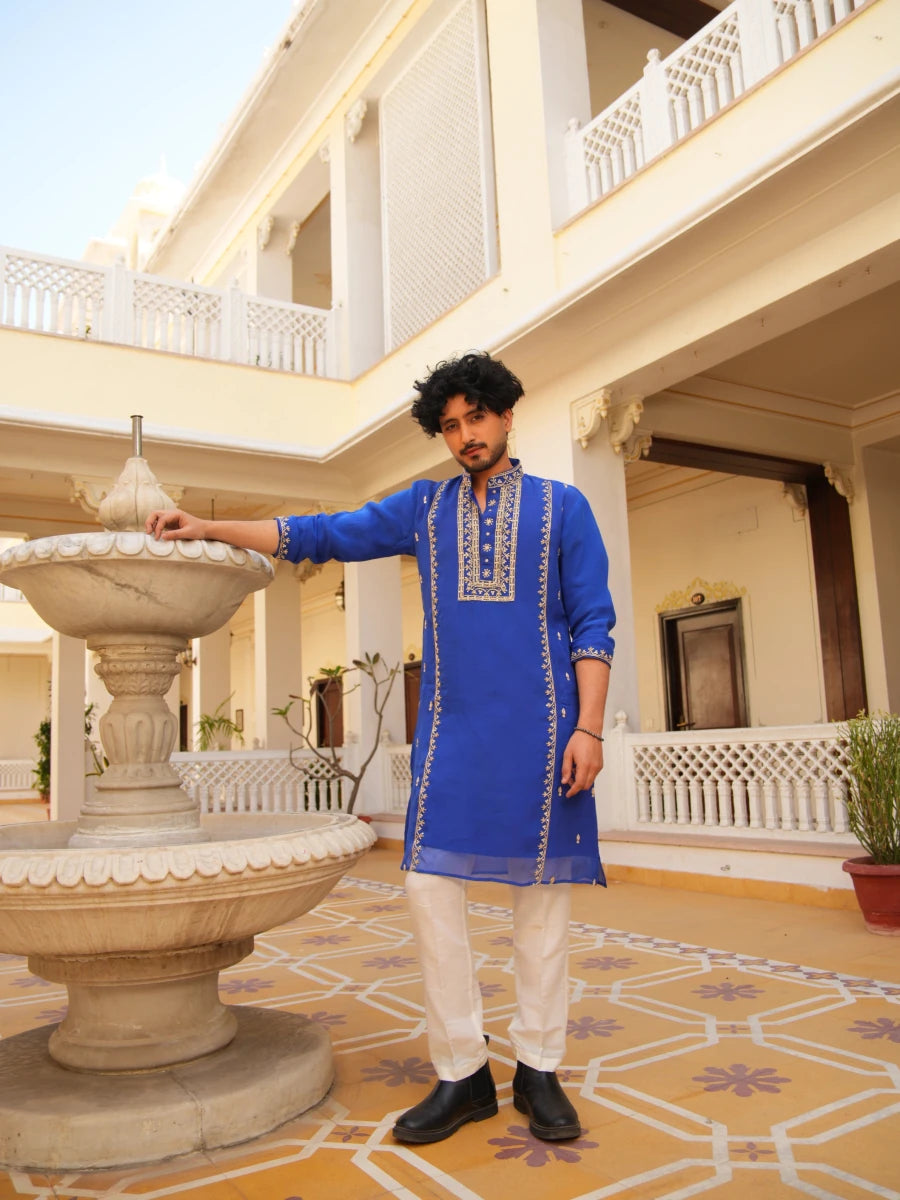 MEN'S LUXE SHAHI NEEL ZARDOZI HAND EMBROIDERY MEN'S KURTA SET - Pomcha Jaipur