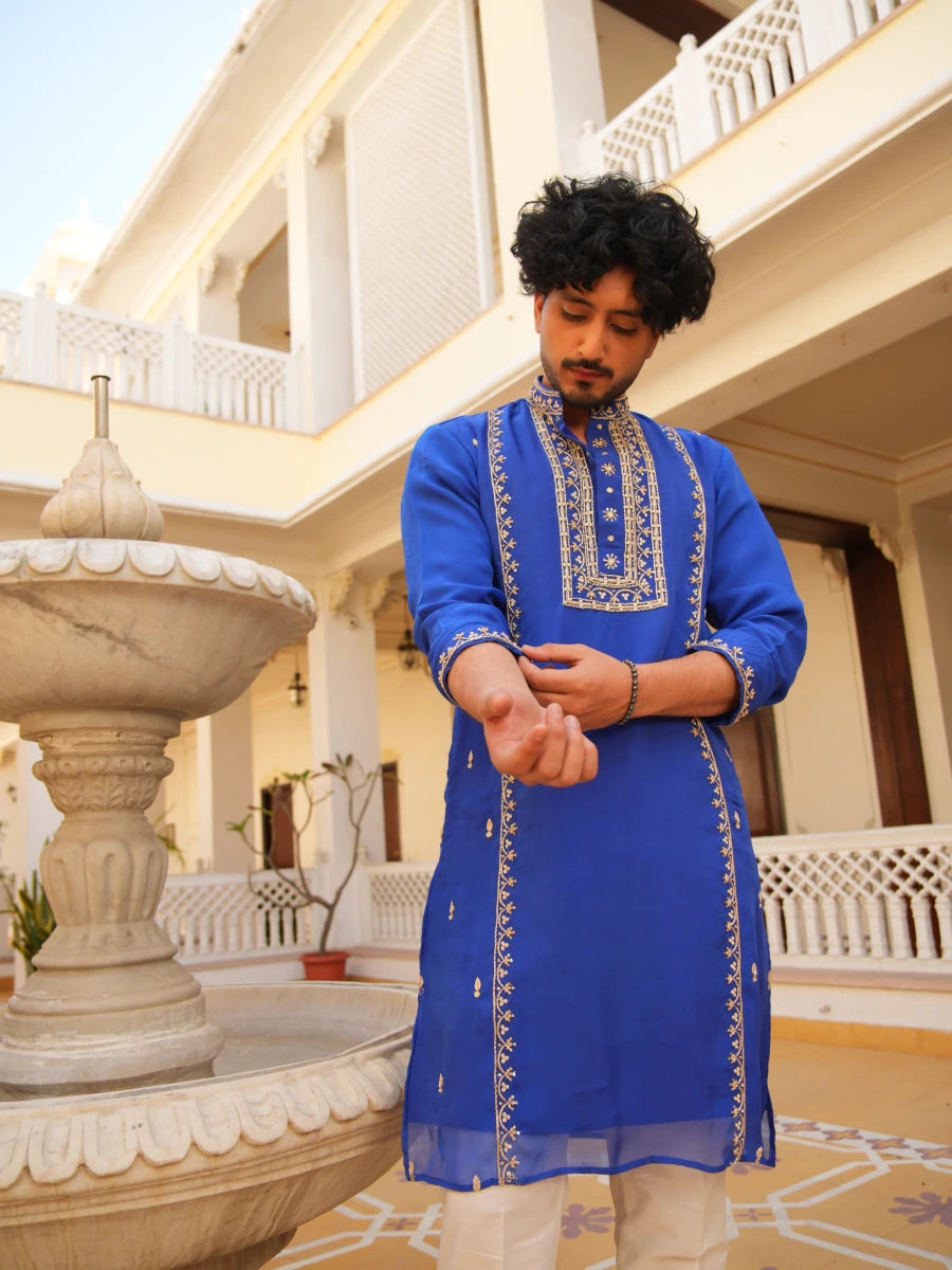 MEN'S LUXE SHAHI NEEL ZARDOZI HAND EMBROIDERY MEN'S KURTA SET - Pomcha Jaipur