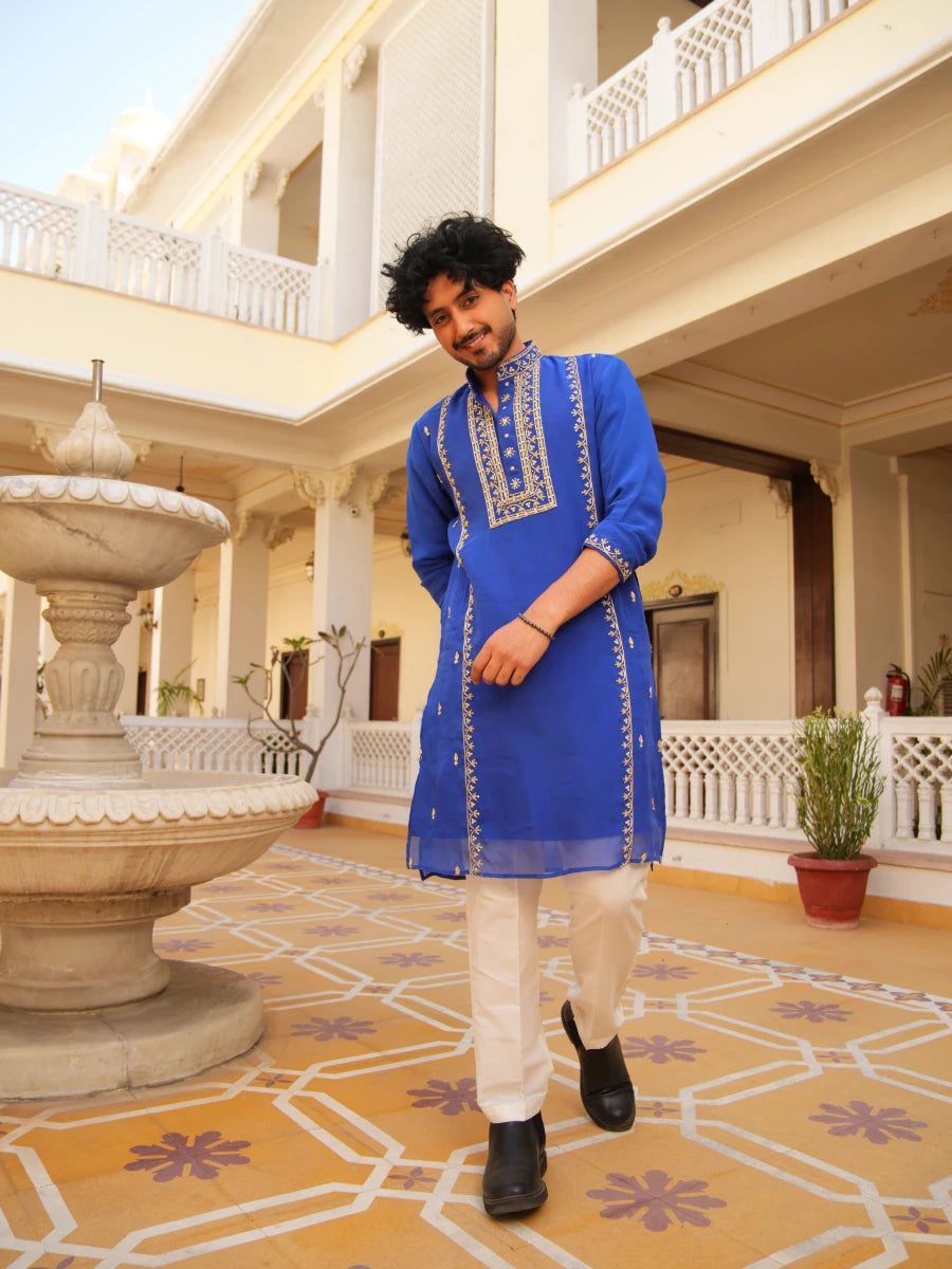 MEN'S LUXE SHAHI NEEL ZARDOZI HAND EMBROIDERY MEN'S KURTA SET - Pomcha Jaipur