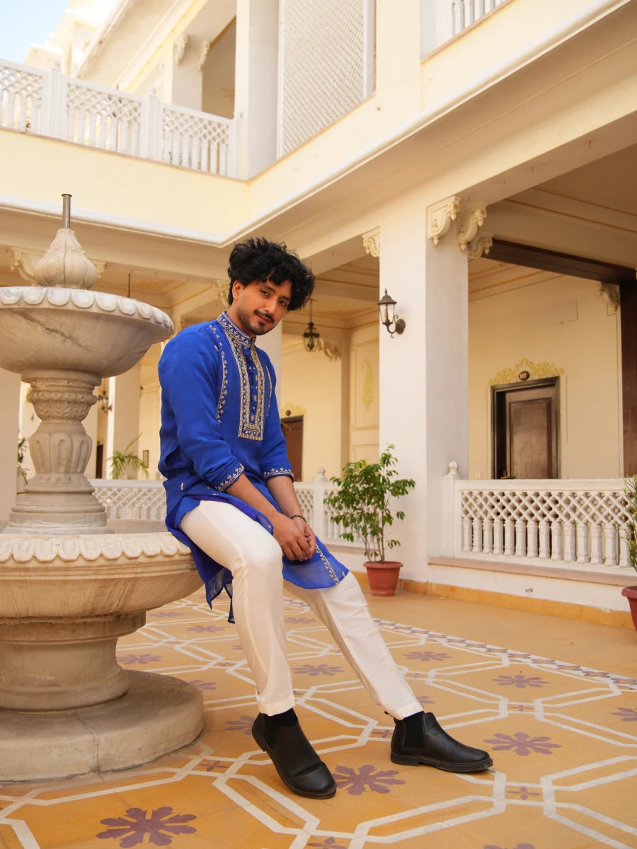 MEN'S LUXE SHAHI NEEL ZARDOZI HAND EMBROIDERY MEN'S KURTA SET - Pomcha Jaipur