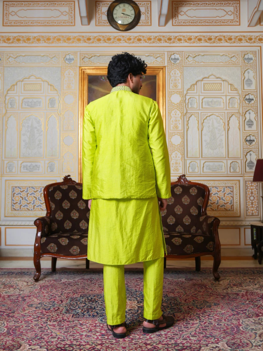 MEN'S LUXE TOTA GREEN KURTA SET WITH MIRROR WORK JACKET - Pomcha Jaipur