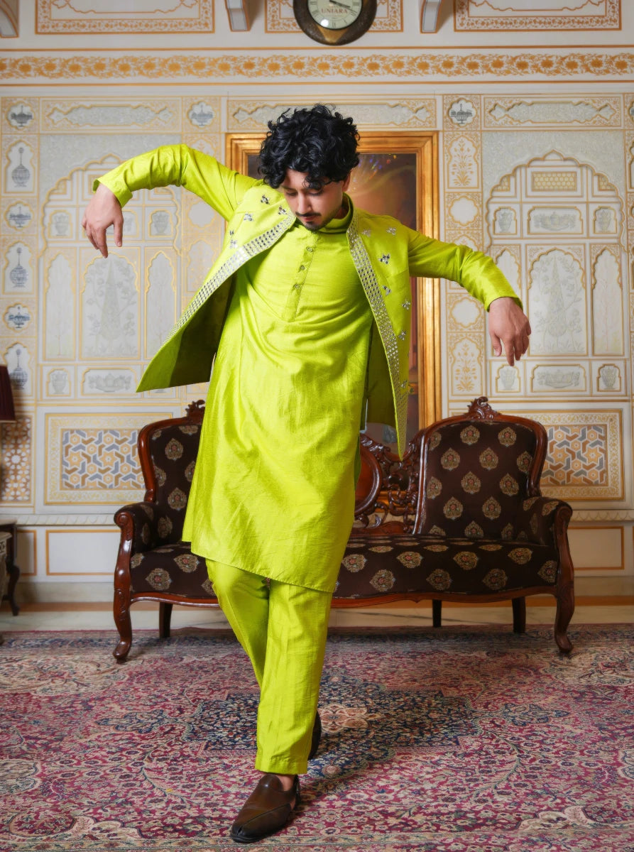 MEN'S LUXE TOTA GREEN KURTA SET WITH MIRROR WORK JACKET - Pomcha Jaipur