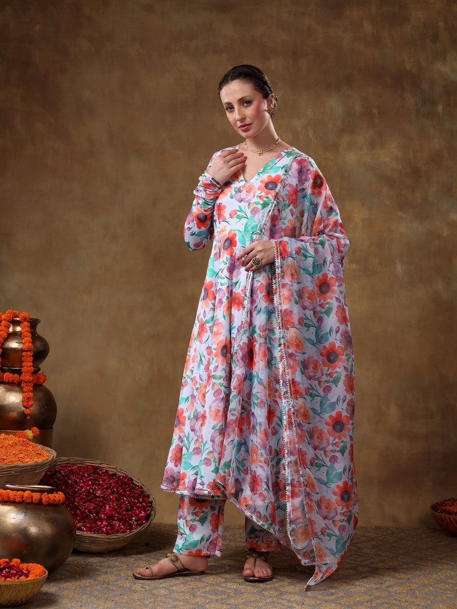 MERAKI ANAM FLORAL PRINT MUSLIN ANARKALI WITH ORGANZA DUPATTA - Pomcha Jaipur