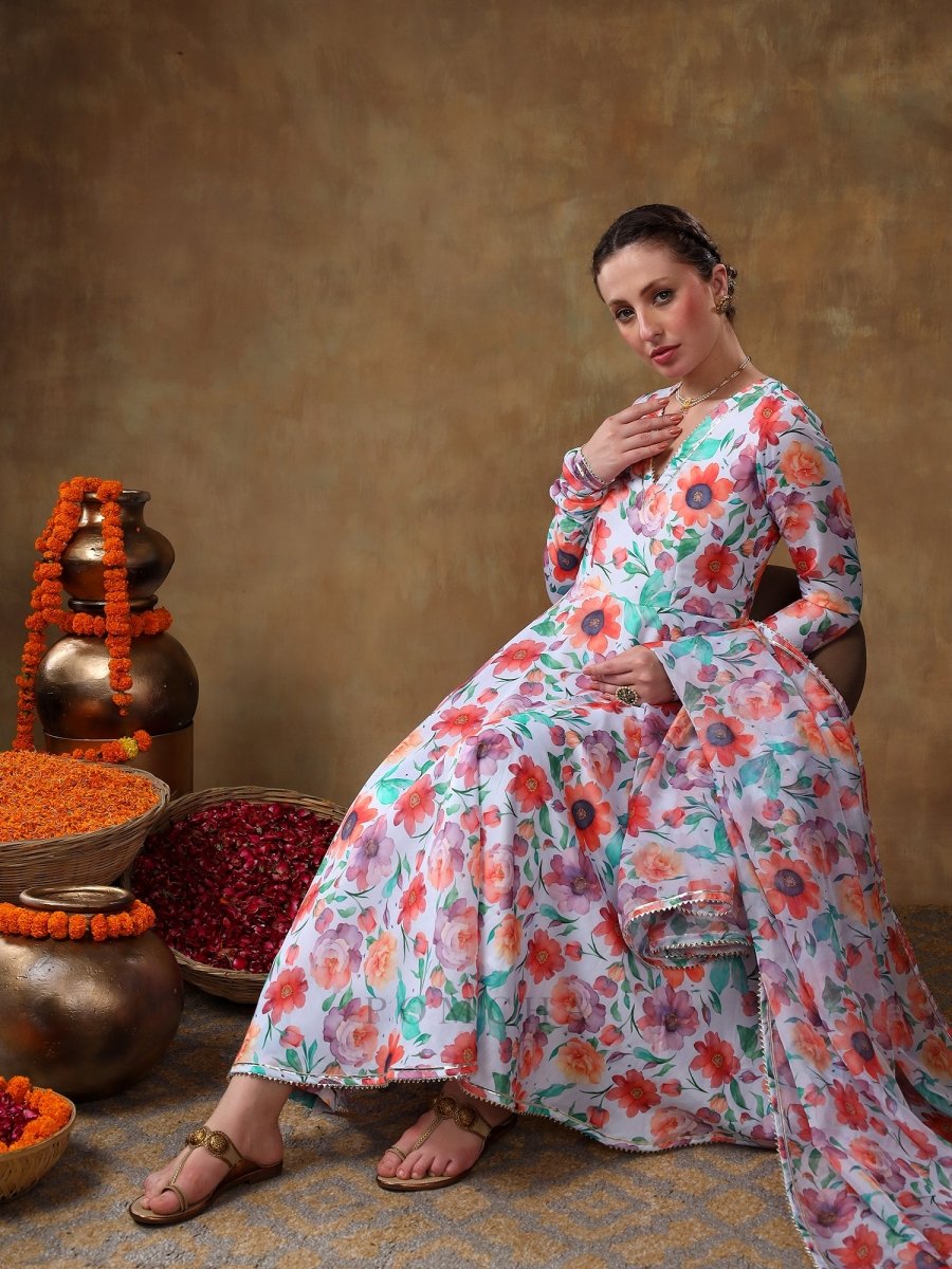 MERAKI ANAM FLORAL PRINT MUSLIN ANARKALI WITH ORGANZA DUPATTA - Pomcha Jaipur