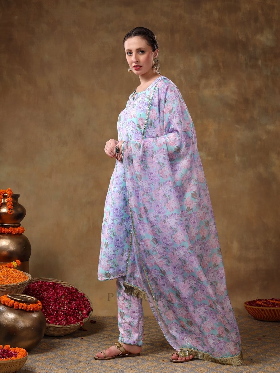 MERAKI JIYA LAVENDER FLORAL KURTA SET WITH ORGANZA DUPATTA - Pomcha Jaipur