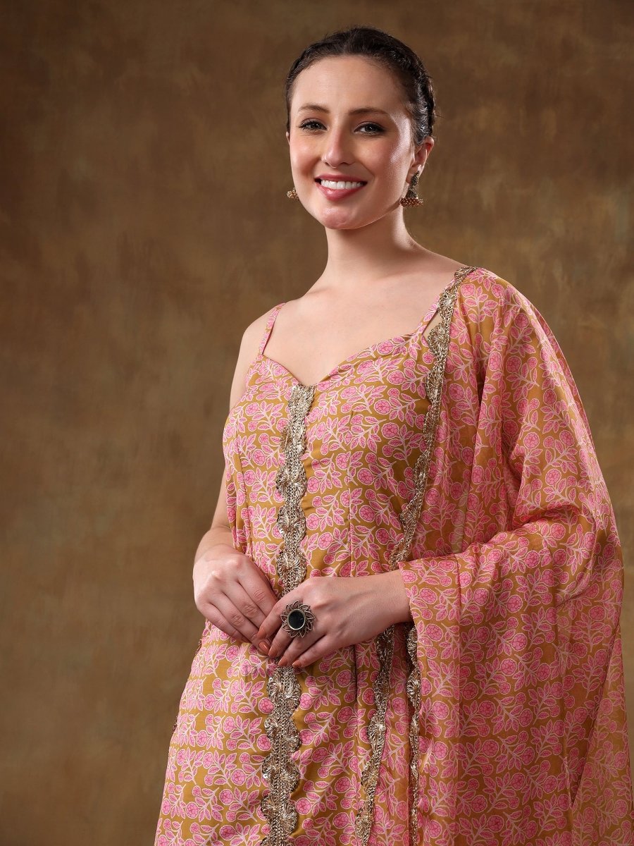 MERAKI NAILA GOTTA LACE WORK LIGHT BROWN KURTA SET WITH ORGANZA DUPATTA - Pomcha Jaipur