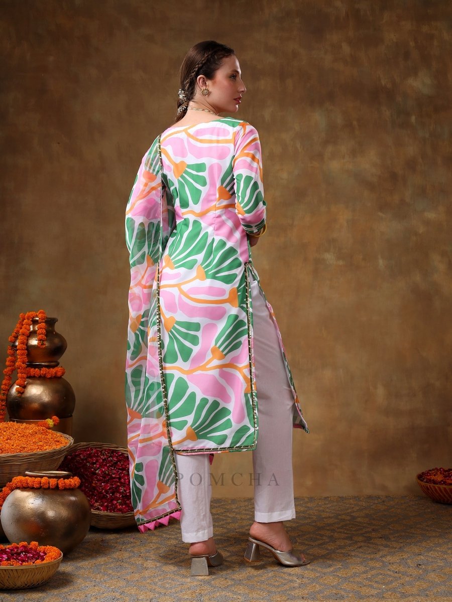 MERAKI OMERA PINK FLORAL PRINT MUSLIN KURTA SET WITH ORGANZA DUPATTA - Pomcha Jaipur
