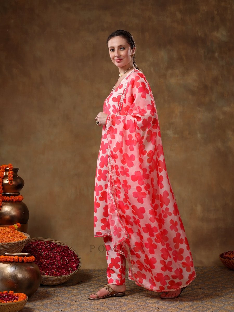 MERAKI ORANGE FLORAL PRINT MUSLIN KURTA SET WITH ORGANZA DUPATTA - Pomcha Jaipur