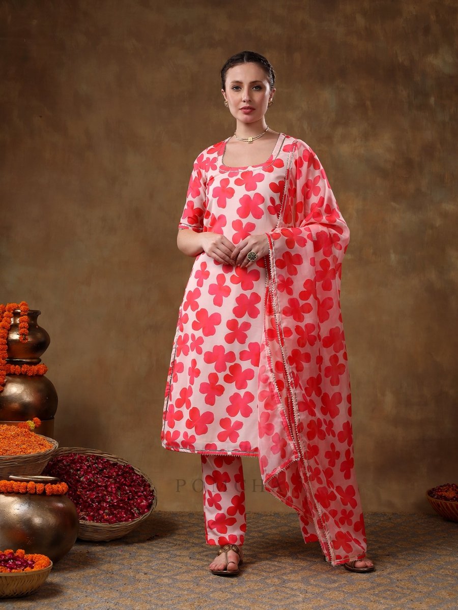 MERAKI ORANGE FLORAL PRINT MUSLIN KURTA SET WITH ORGANZA DUPATTA - Pomcha Jaipur