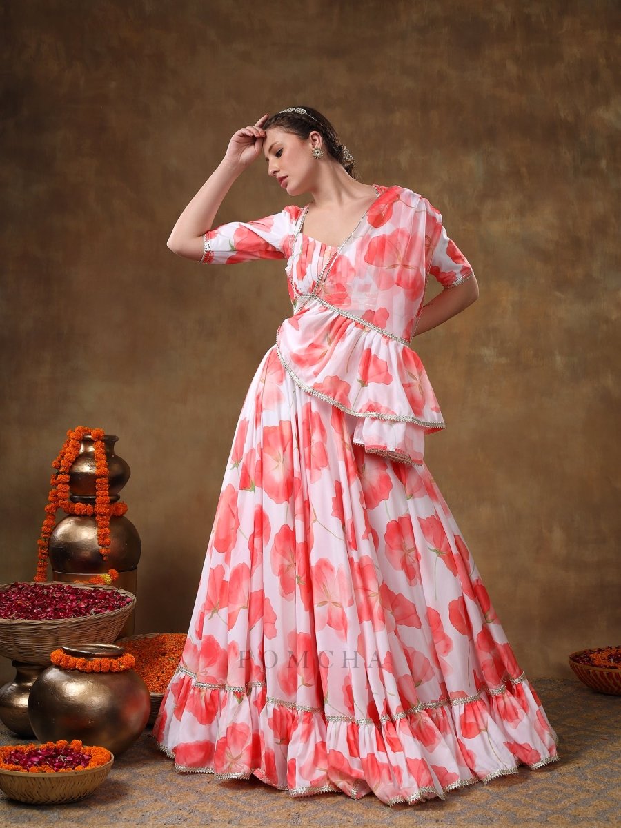 MERAKI ORANGE FLOWER PRINTED MUSLIN GOTTA LACE WORK LEHENGA WITH ORGANZA DUPATTA - Pomcha Jaipur