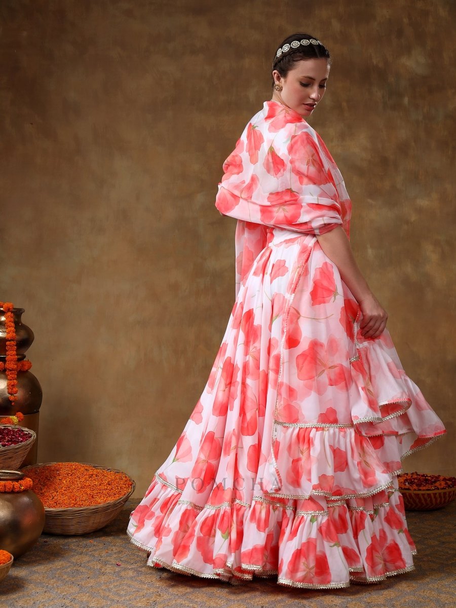 MERAKI ORANGE FLOWER PRINTED MUSLIN GOTTA LACE WORK LEHENGA WITH ORGANZA DUPATTA - Pomcha Jaipur