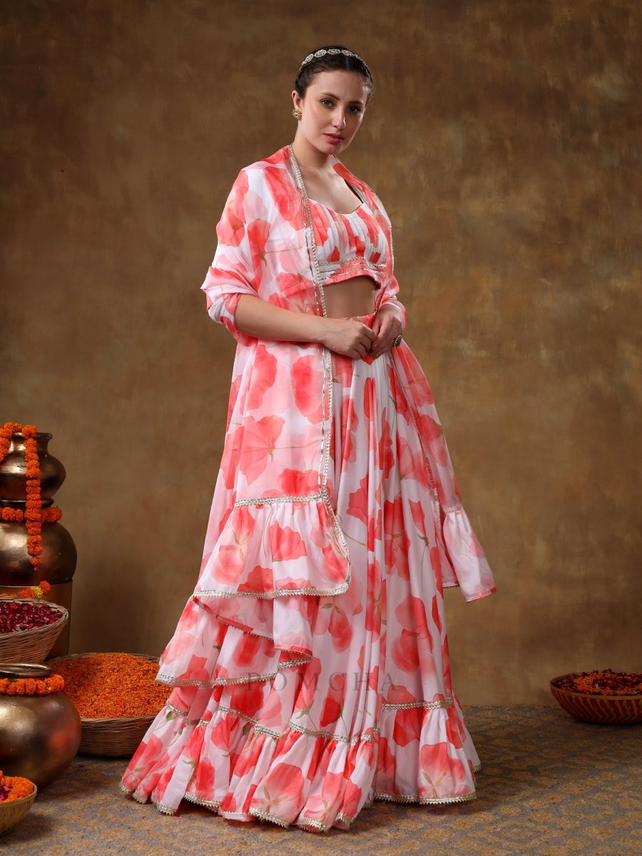 MERAKI ORANGE FLOWER PRINTED MUSLIN GOTTA LACE WORK LEHENGA WITH ORGANZA DUPATTA - Pomcha Jaipur